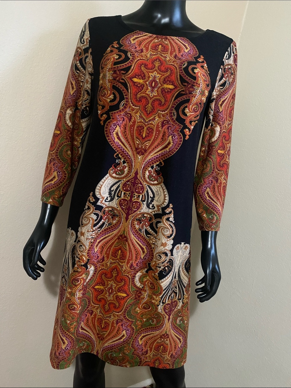 Tiana B. Black Long-Sleeve Paisley Midi Dress with Multicolor Pattern
